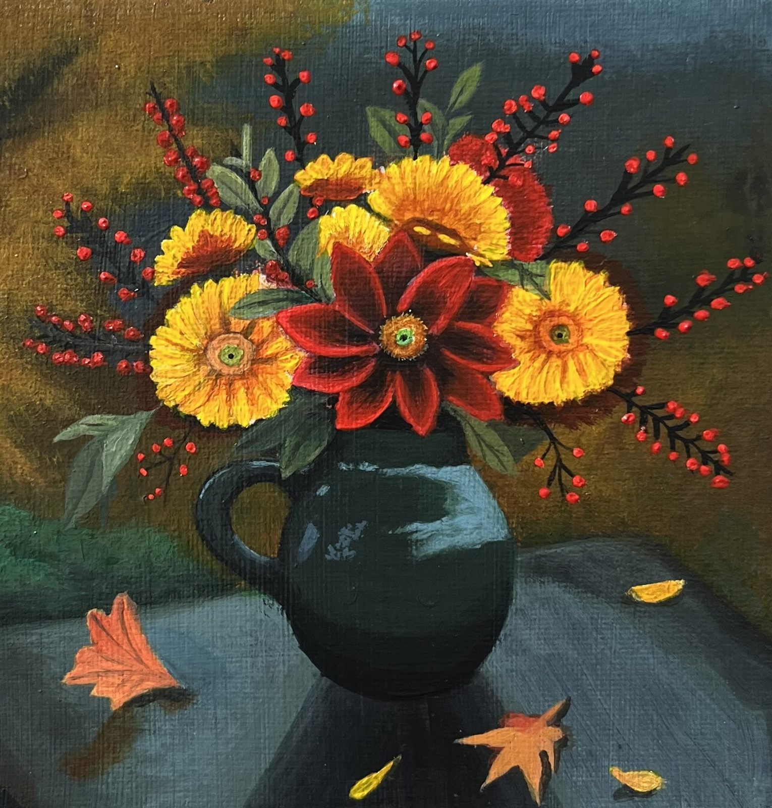 Autumn Bloom, an acrylic painting of yellow and red autumn flowers with sprays of red berries in a dark green jug, with fallen leaves scattered on the table