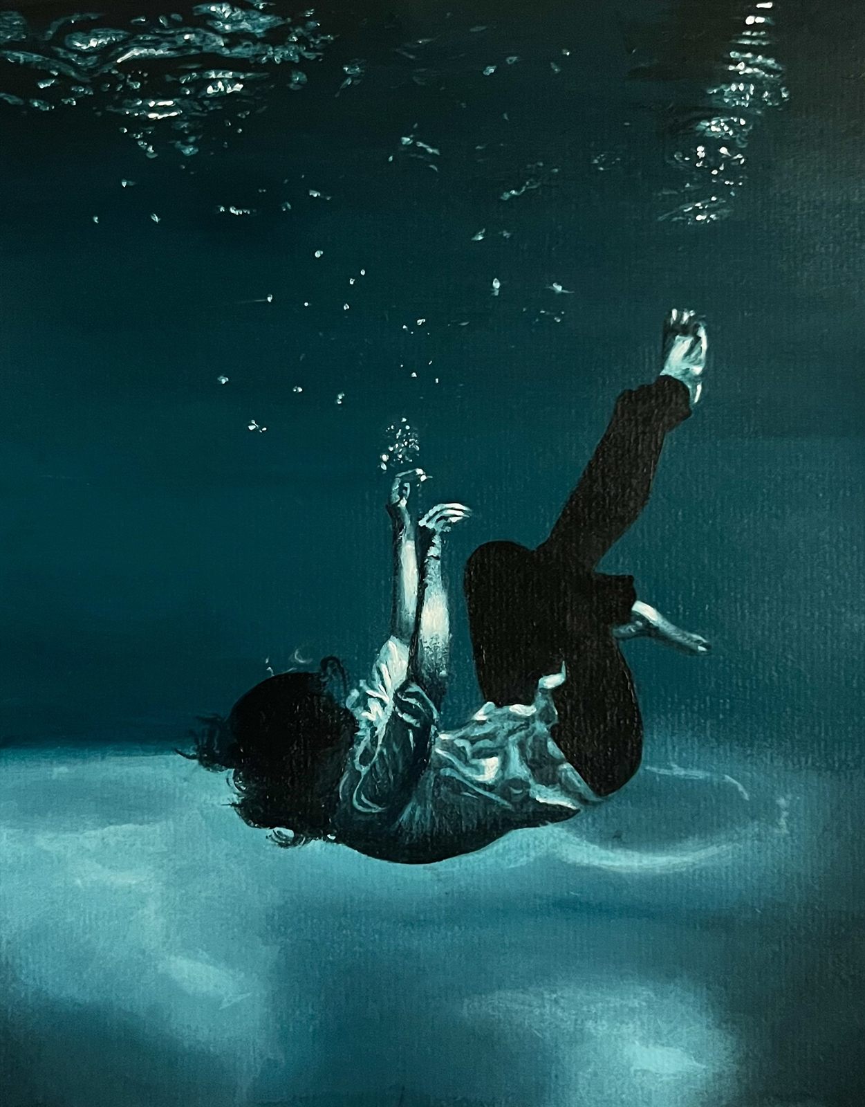 Beneath Calm Water, an acrylic painting of a figure sinking through dark teal water, one arm raised, with bubbles rising towards the light at the surface