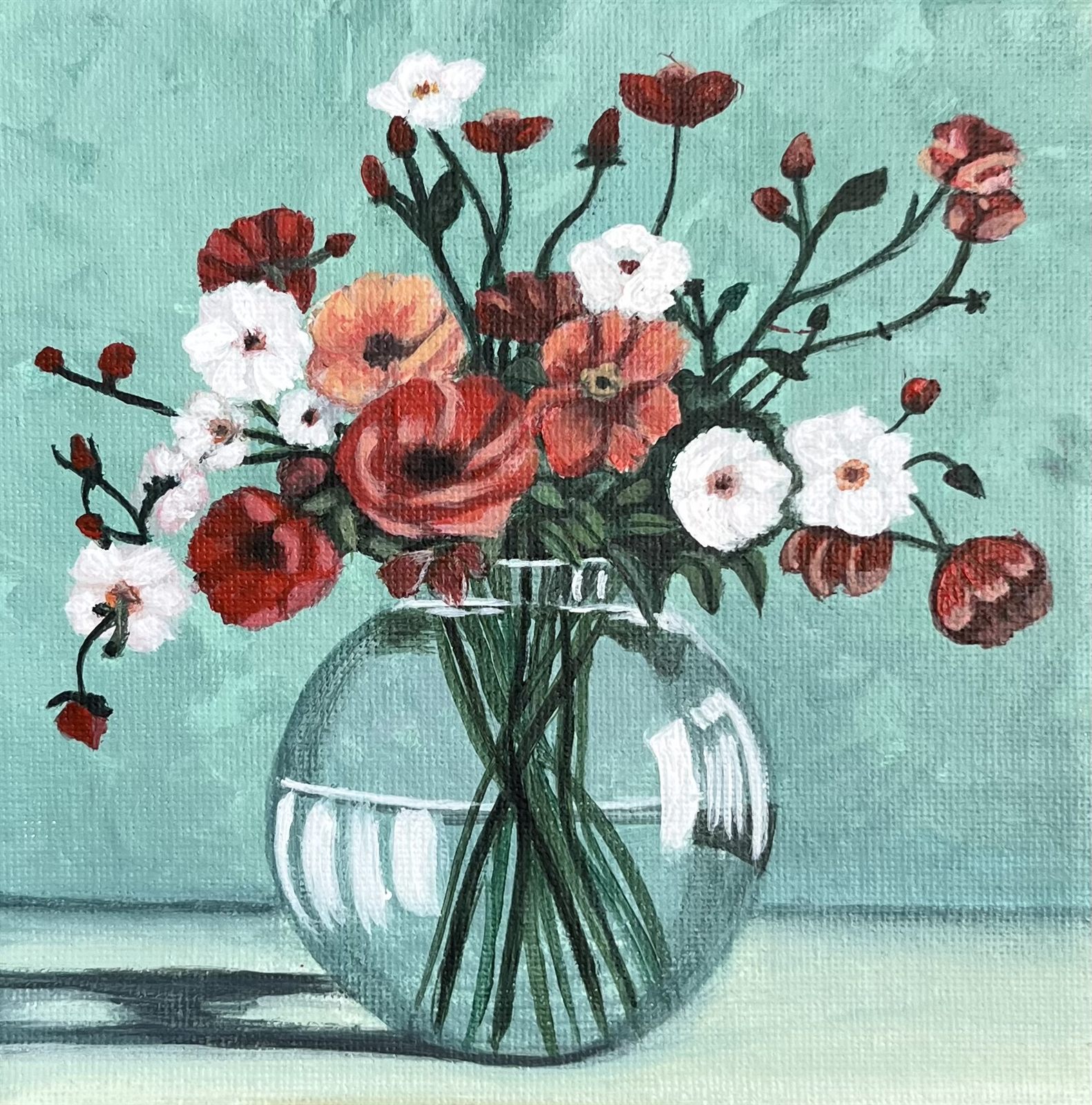 Gathered Blooms, an acrylic painting of red poppies, peach blooms and white blossom in a round glass vase, against a pale green background