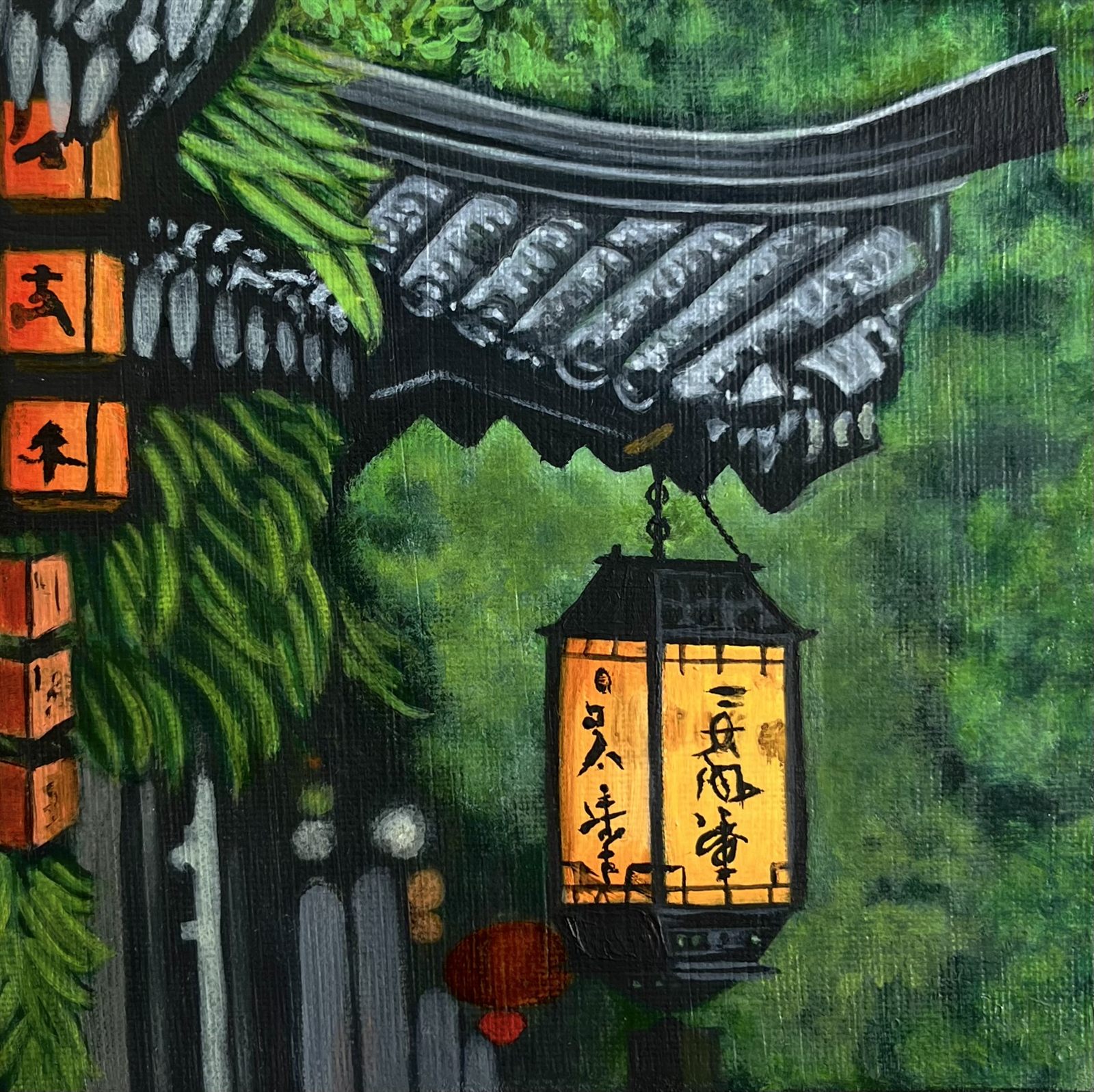 Lantern Hour, an acrylic painting of a glowing paper lantern hanging from the tiled eave of a temple, with a column of orange signs to the left and deep green foliage behind