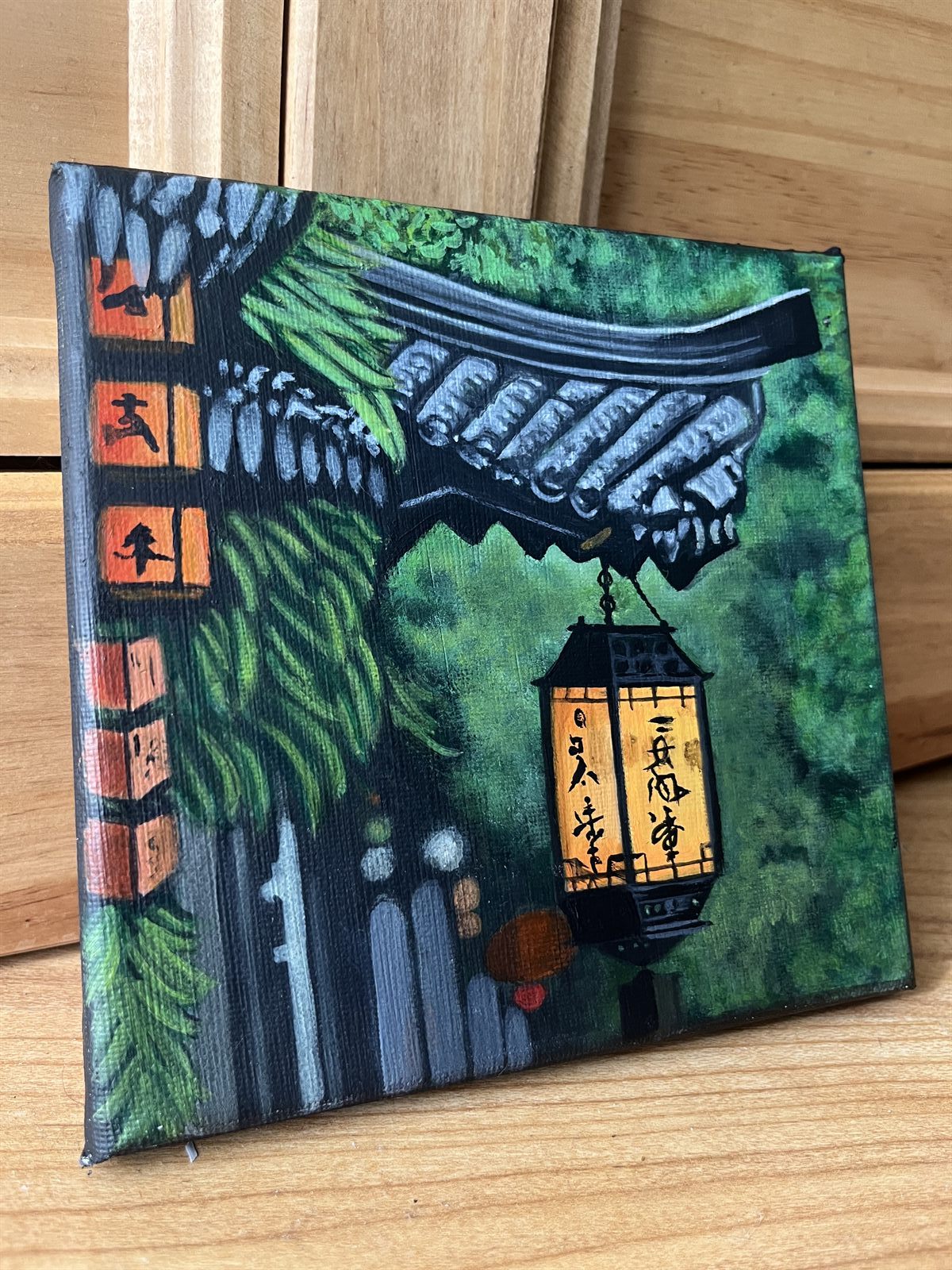 Lantern Hour propped at an angle, showing the depth of the stretched canvas