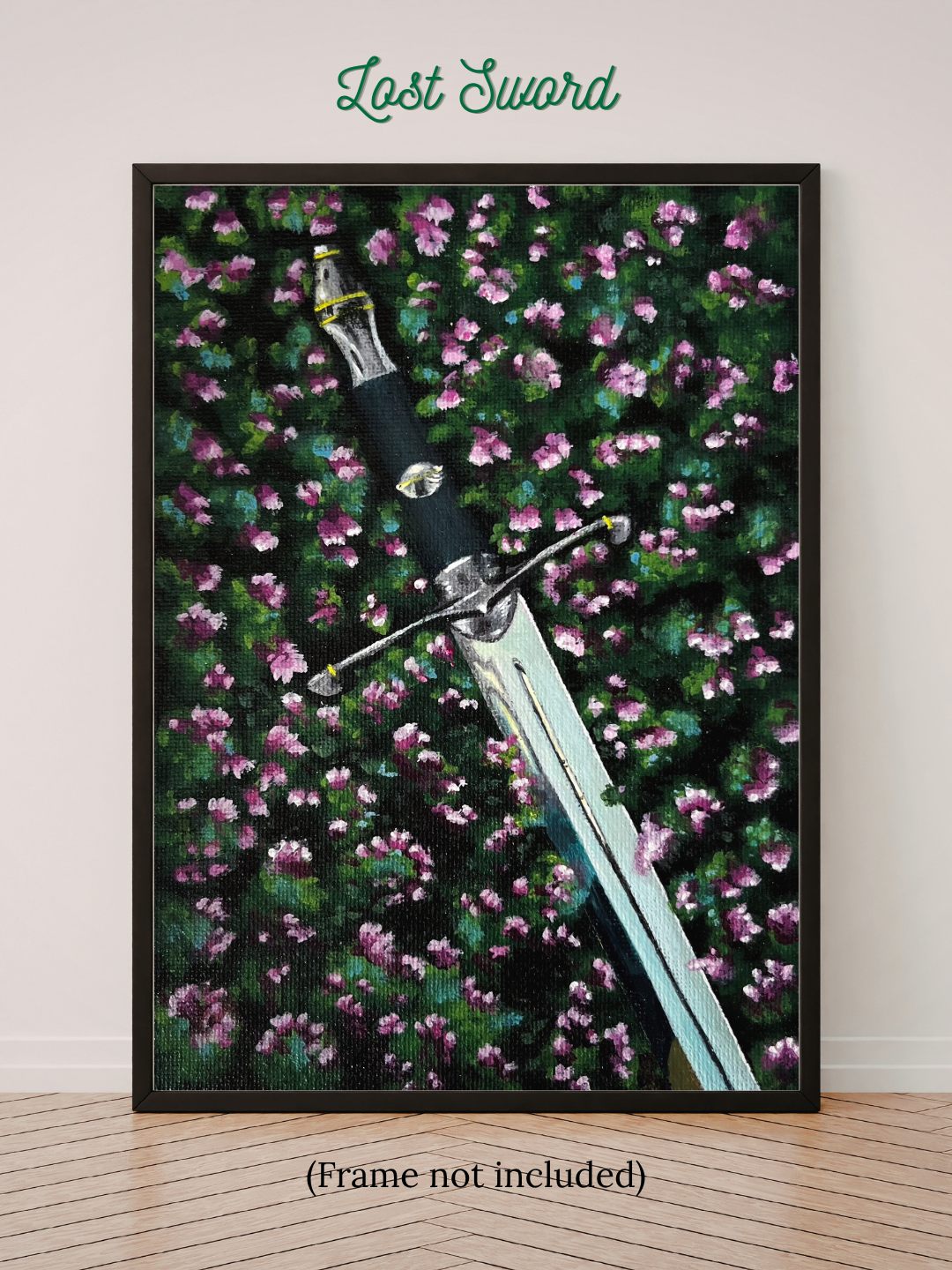 A Lost Sword print shown framed and leaning against a wall. The frame is not included.