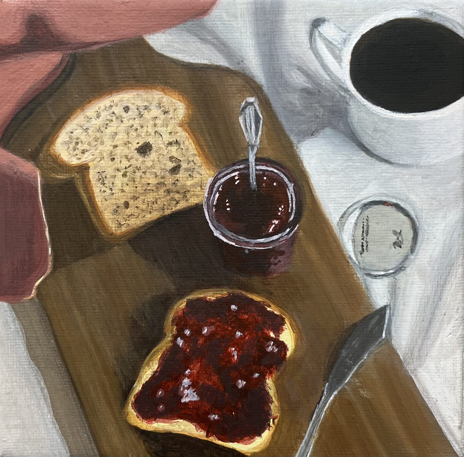 Strawberry Jam, an acrylic painting seen from above: a slice of seeded bread and a slice thickly spread with dark red jam on a wooden board, beside an open jar of jam with a spoon in it, a knife, the jar lid and a white mug of black coffee on a pale cloth