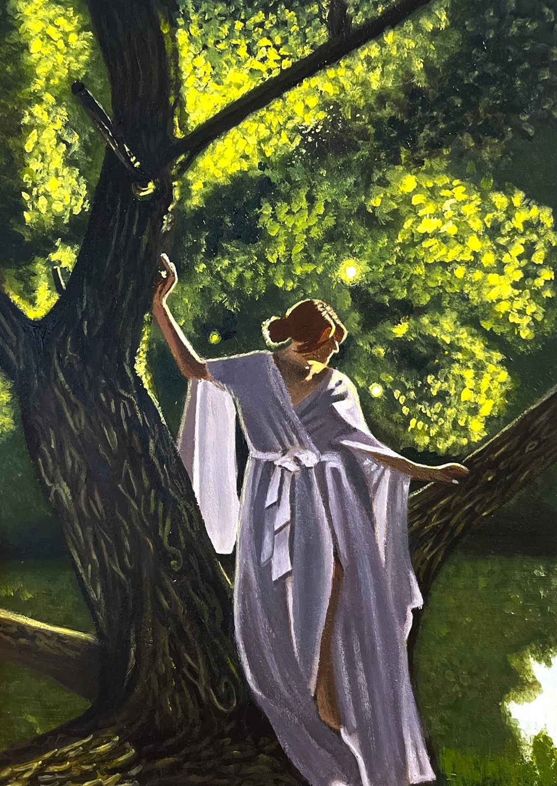 Sylvan, an acrylic painting of a figure in a pale grey robe standing in the branches of an old tree, with sunlight breaking through a green canopy