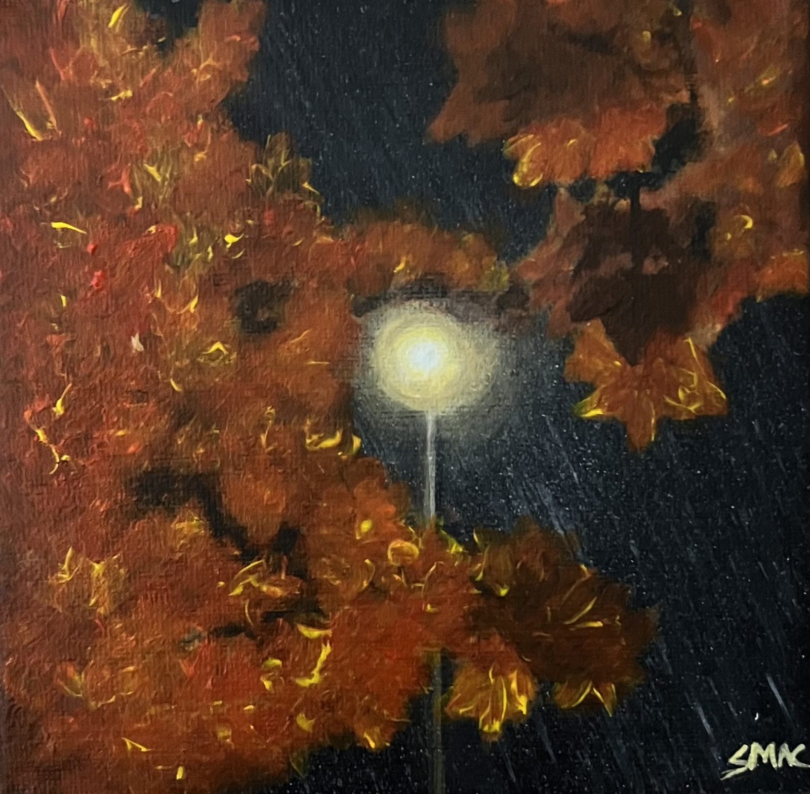 Walking Home, an acrylic painting of a glowing streetlamp at night in the rain, with orange and red autumn leaves lit up around it against a black sky